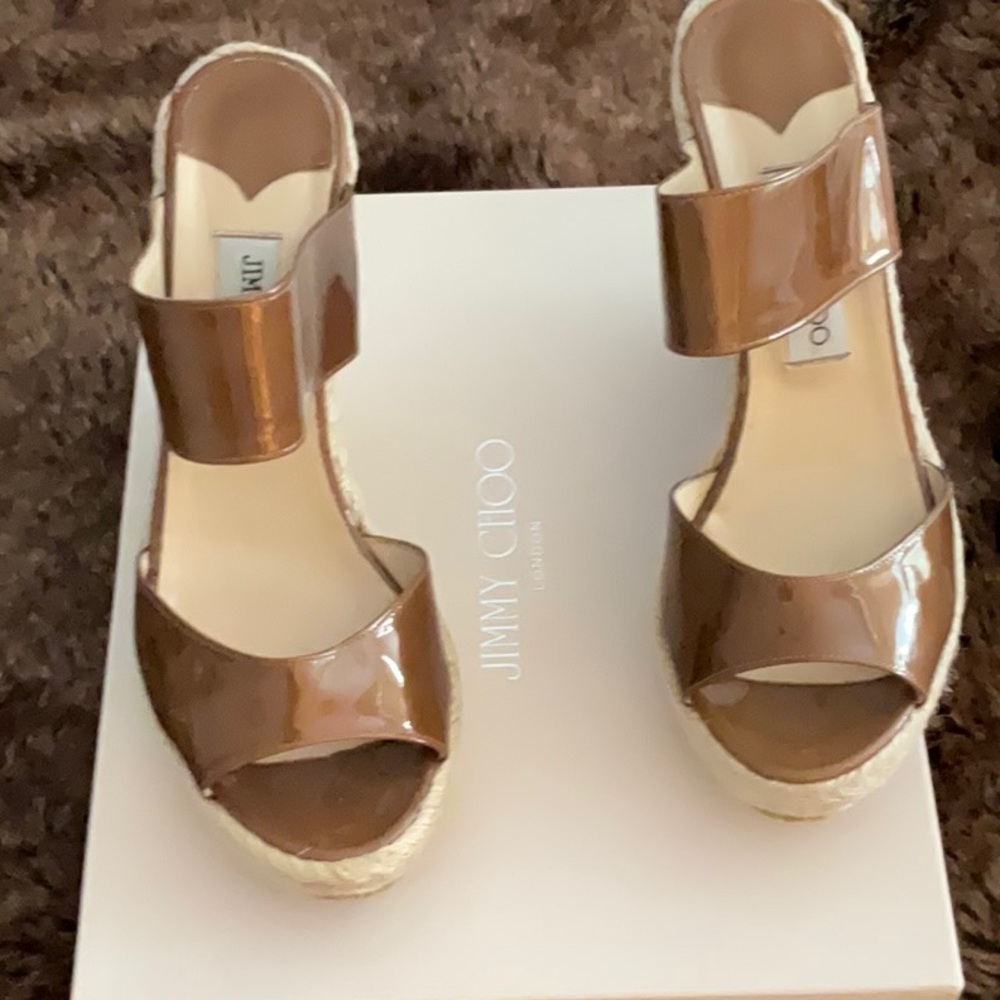 JIMMY CHOO brown strap patent wedges eu 40 9 9.5 10 braided rope wedge worn once